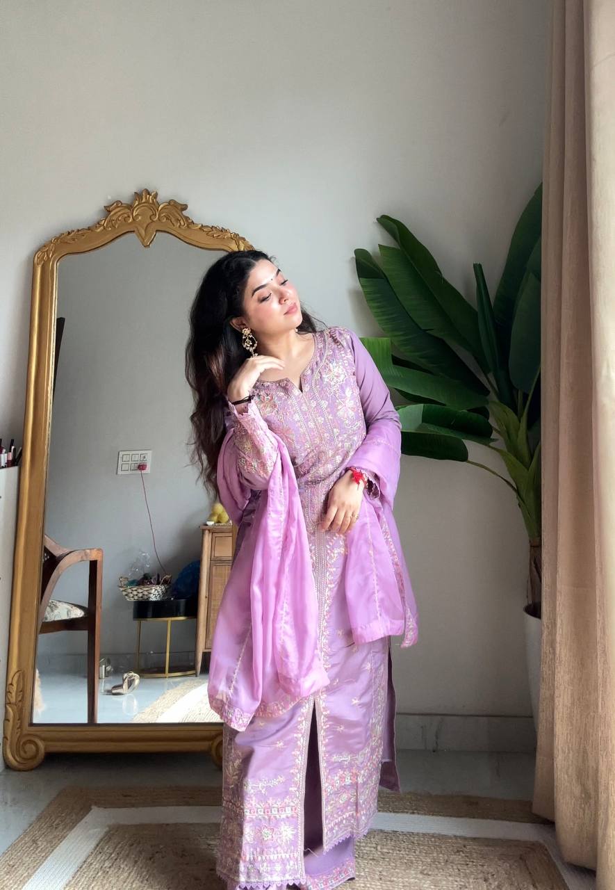 Premium Roman Silk Embroidery Suit Set With Dupatta