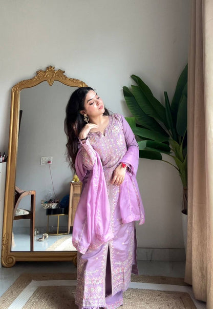Premium Roman Silk Embroidery Suit Set With Dupatta