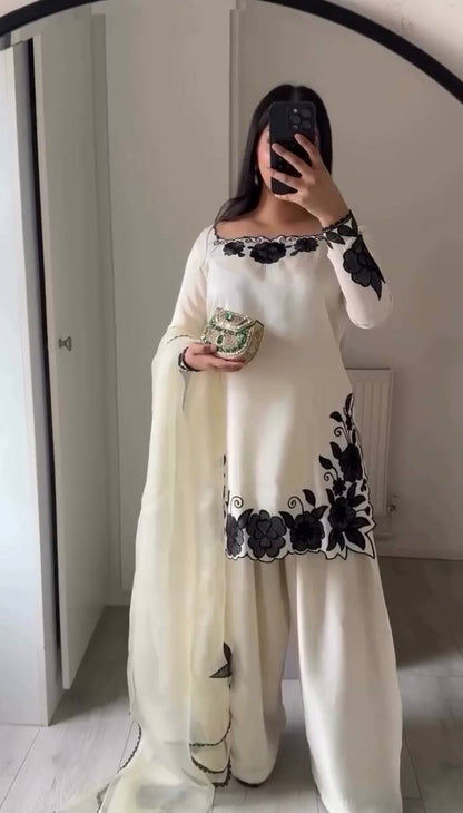 Elegant Cream Fendy Silk Embroidery Suit Set