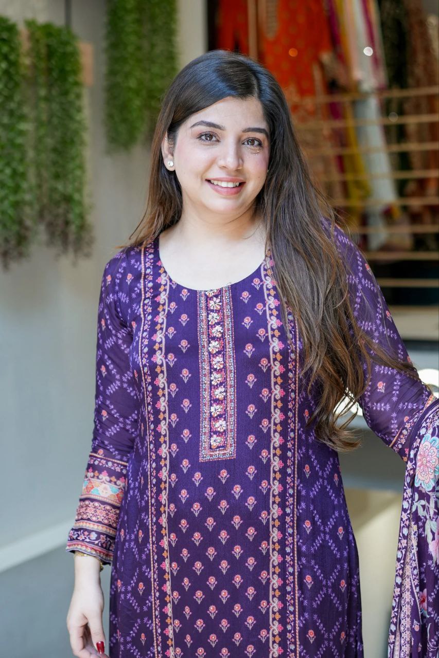 Royal Purple Chinon Silk Salwar Suit with Original Mirror Hand Work