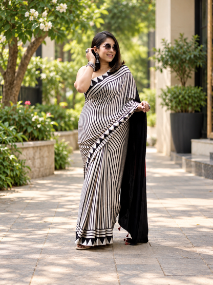 Attractive Black & White Striped Hand Block Printed Modal Silk Saree