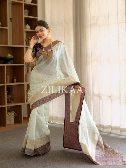 Girlish Beige Soft Silk Saree With Outstanding Blouse Piece