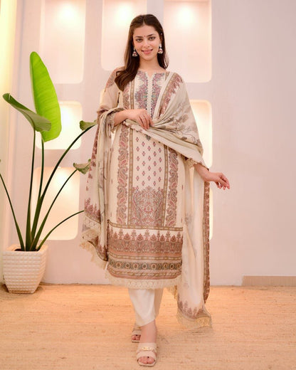 Elegant Cream Heavy Muslin Digital Printed Suit Set with Delicate Lace Work