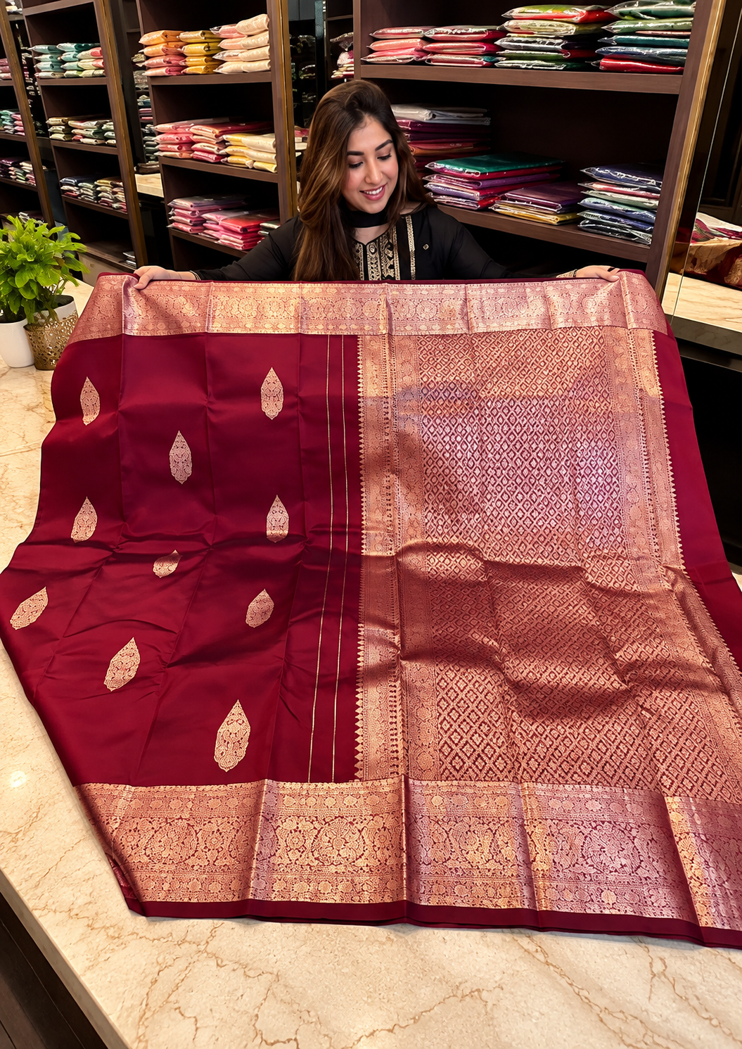Beautiful Deep Wine Soft Banarasi Silk Saree with Rich Antique Gold Zari Border