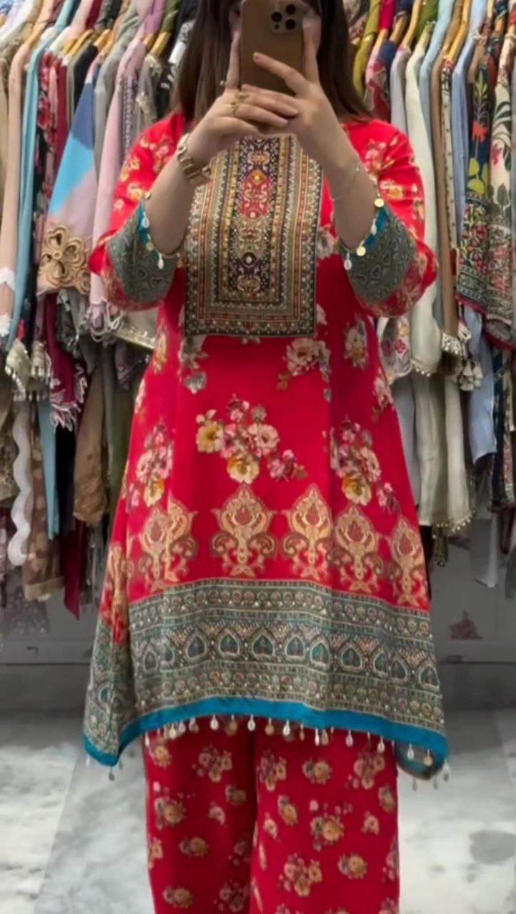 Exclusive Designer Red Malai Satin Co-Ord Set With Fancy Mirror Work