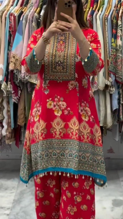 Exclusive Designer Red Malai Satin Co-Ord Set With Fancy Mirror Work