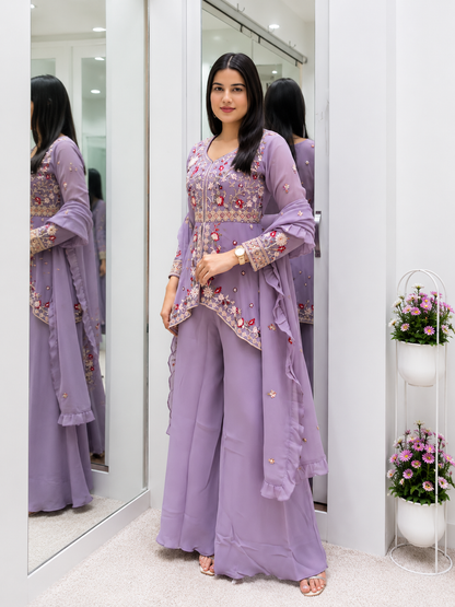 Very Beautiful Lavender Rangoli Silk Embroidered Suit Set