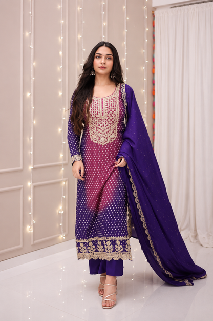 Elegant Dual-Tone Violet Magenta Chinon Silk Embroidery Suit Set