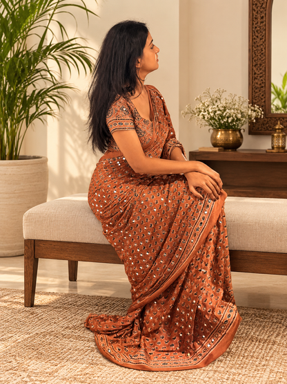 Beautiful Bronze Ajrakh Print Silk Saree With Mirror Work