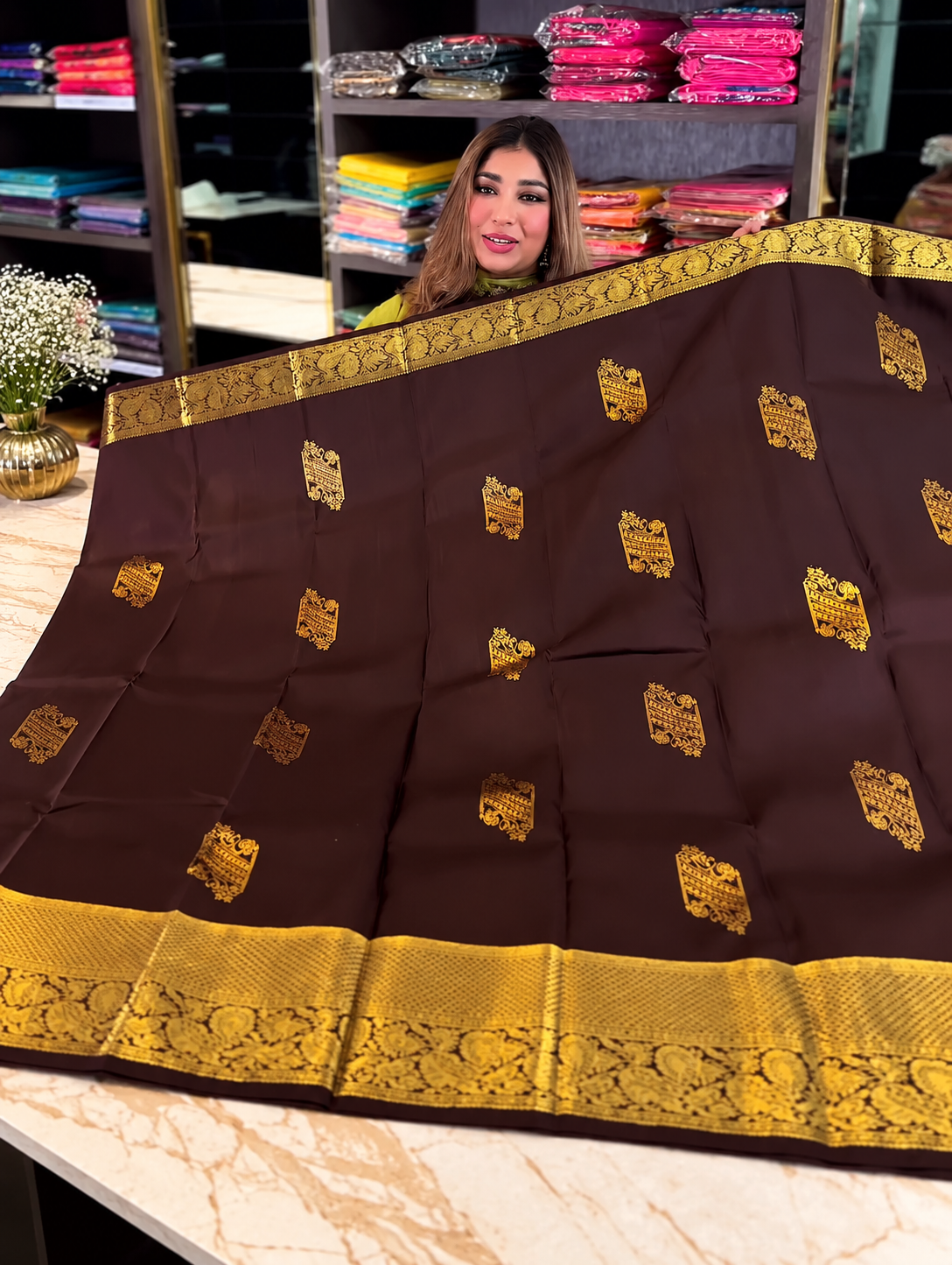 Very Attractive Brown Soft Banarasi Silk Saree with Designer Blouse Piece