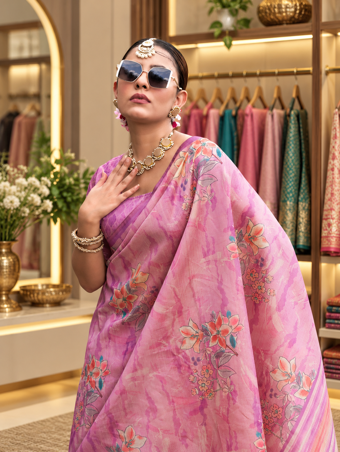 Ira Pink – Premium Printed Soft Tussar Silk Saree