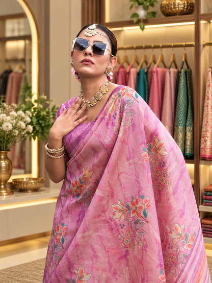 Ira Pink – Premium Printed Soft Tussar Silk Saree