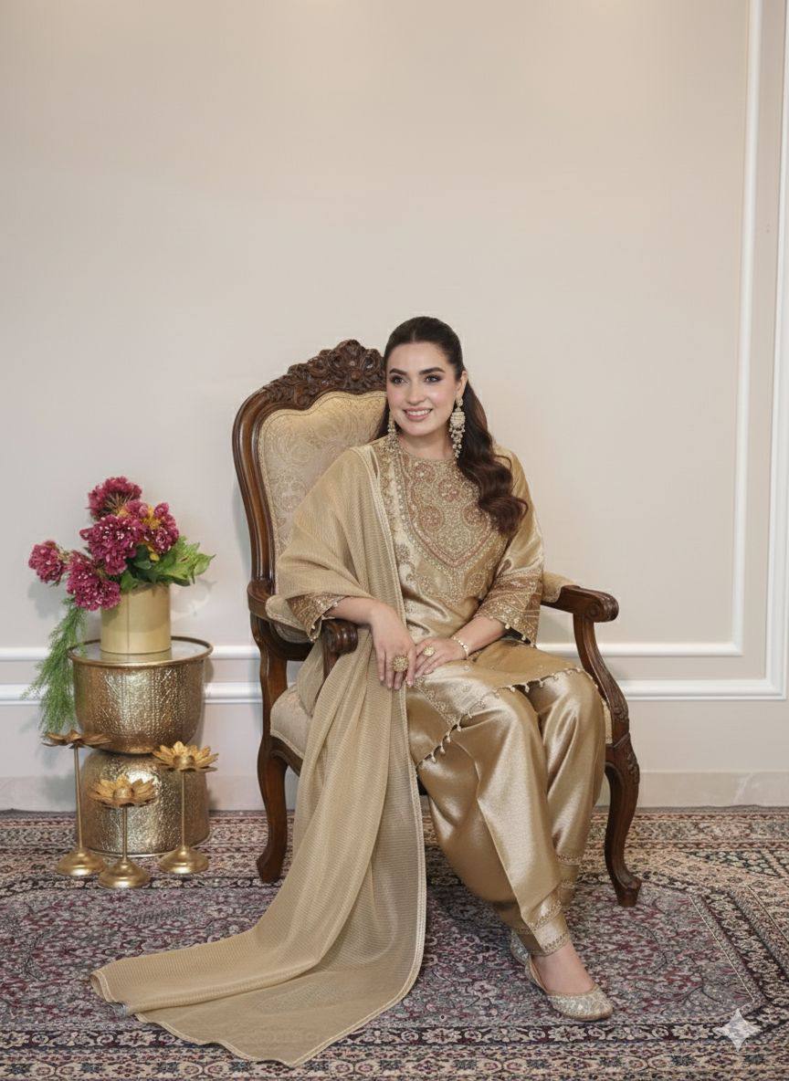 Royal Gold Fandy Silk Sequence Embroidered Salwar Suit Set