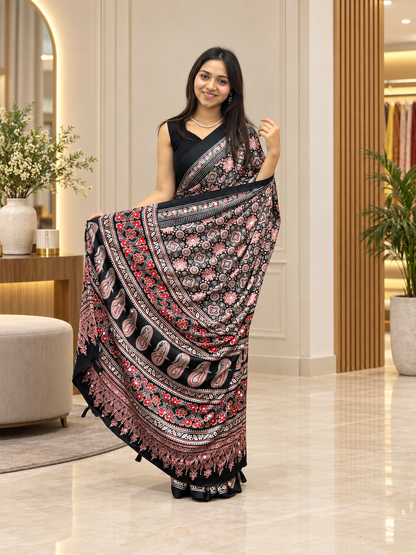 Premium Black Ajrakh Printed Japan Silk Saree with Elegant Pallu