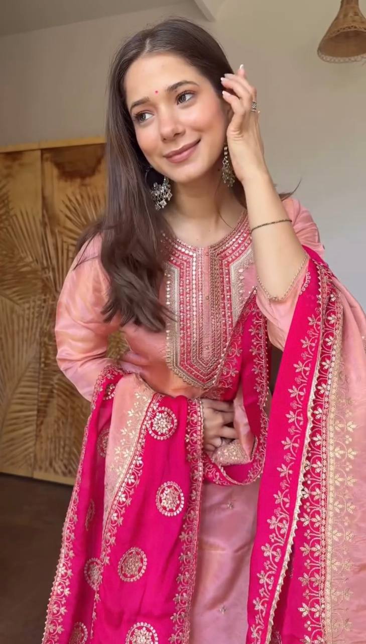 Very Gorgeous Fendy Silk Embroidery Sequence Suit Set
