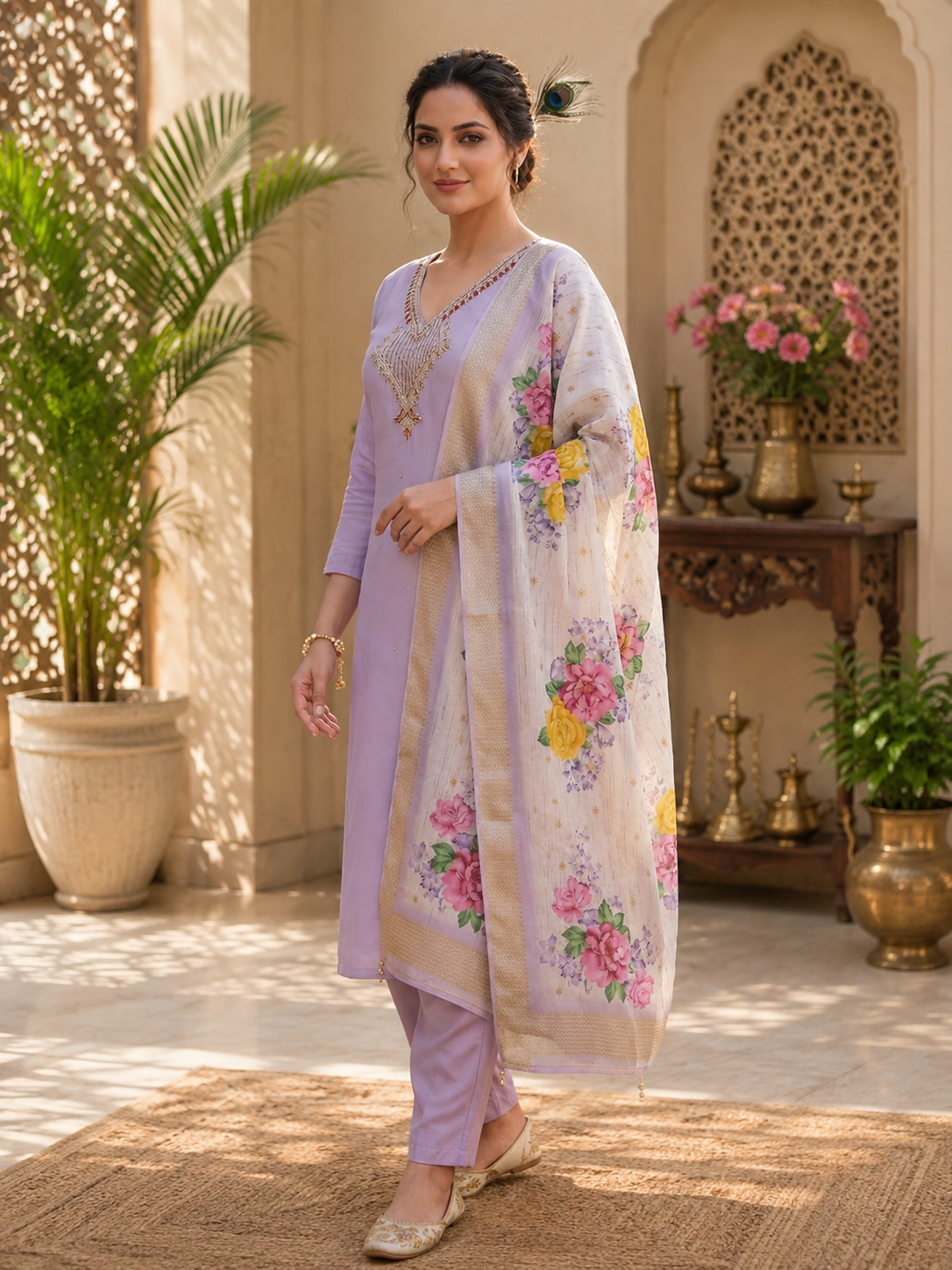 Elegant Lavender Premium Mul Chanderi Hand-Work Suit Set with Floral Dupatta