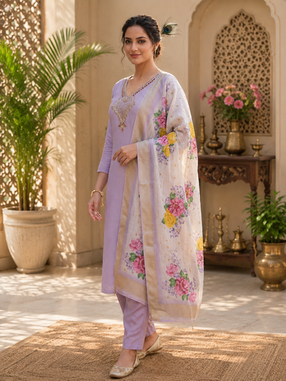 Elegant Lavender Premium Mul Chanderi Hand-Work Suit Set with Floral Dupatta