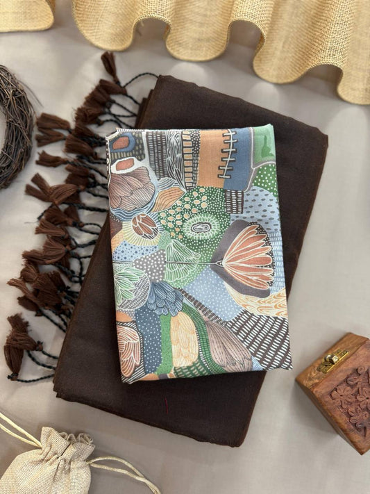 Coffee Handloom Cotton Saree With Brown Tassels & Printed Blouse