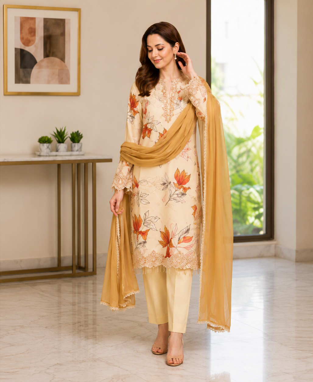 Very Beautiful Cream Muslin Silk Floral Print Suit Set