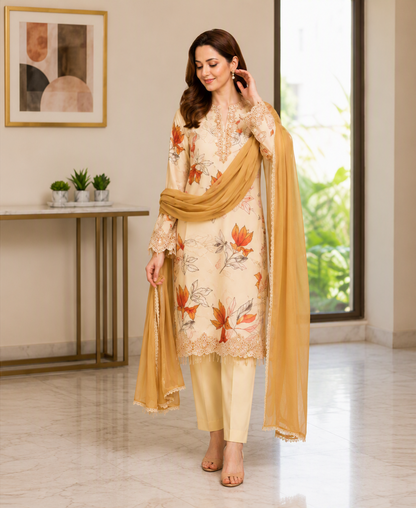 Very Beautiful Cream Muslin Silk Floral Print Suit Set