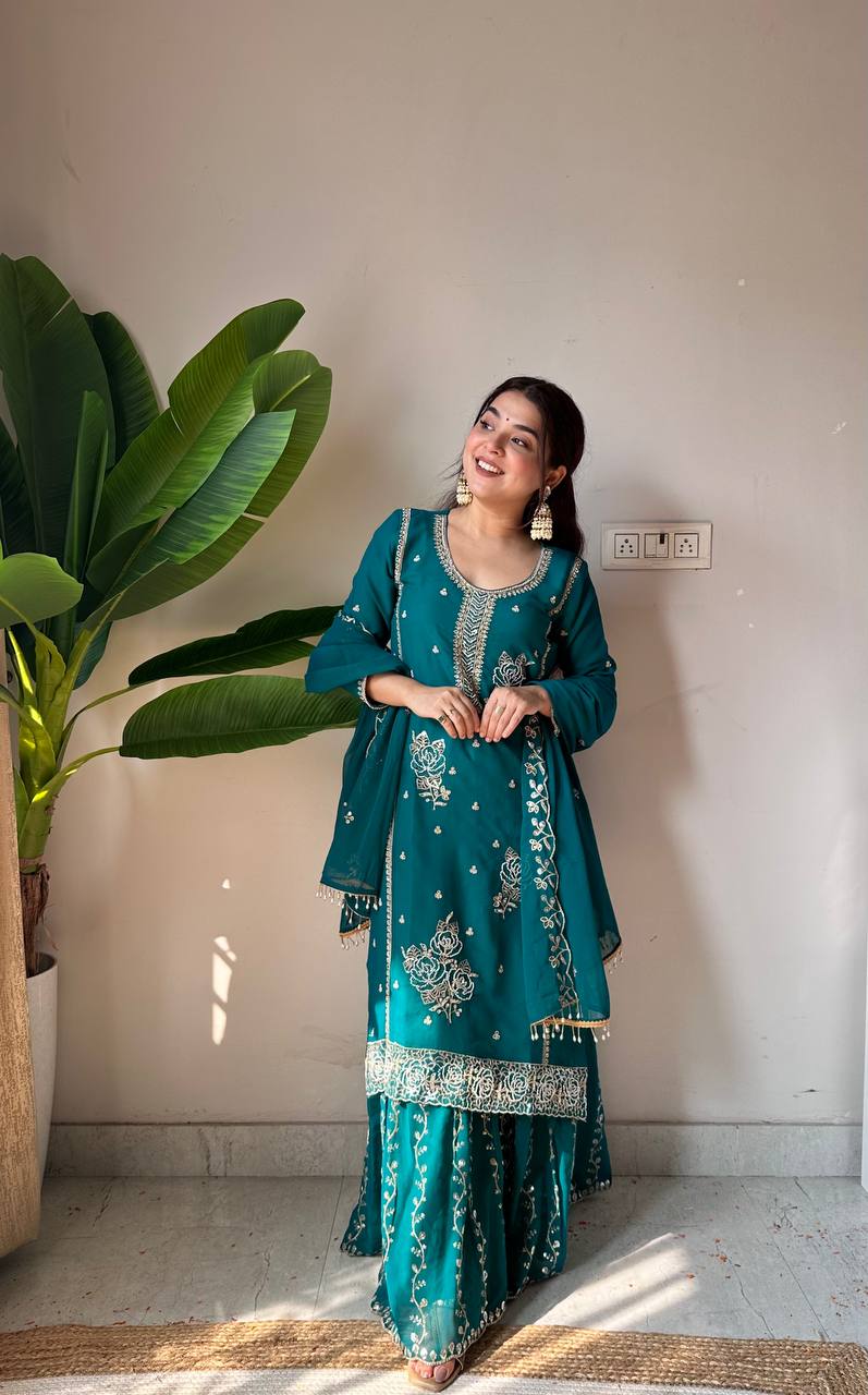 Festive Teal Green Fox Georgette Designer Suit Set with Embroidered Dupatta