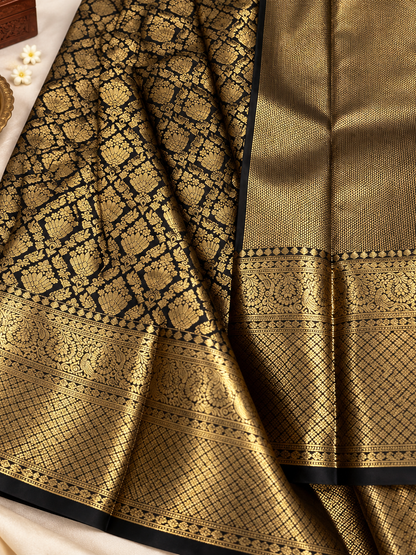 Very Attractive Black & Gold Woven Jacquard Soft Banarasi Silk Saree