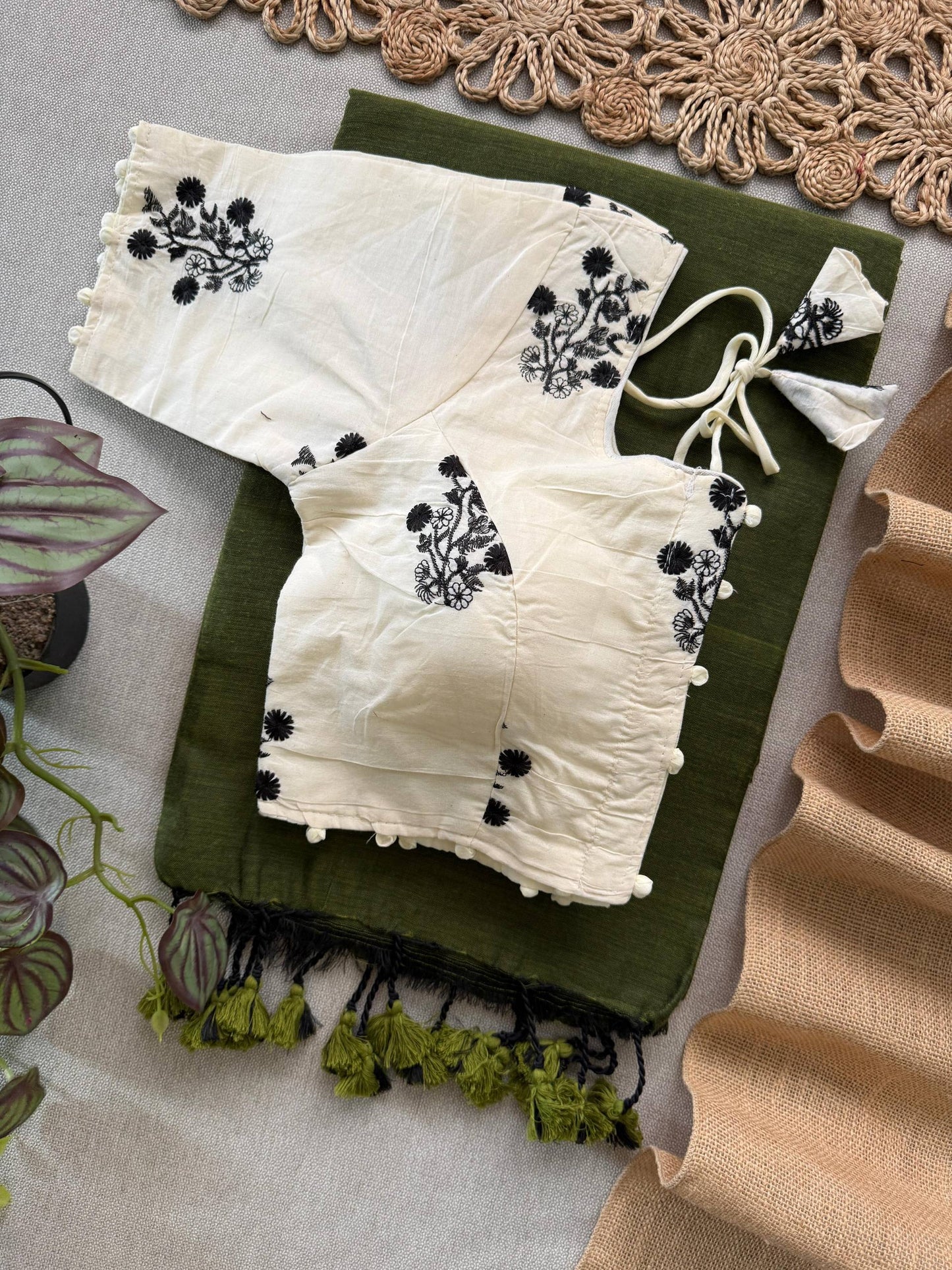 Beauty - Green Handloom Cotton Saree With Havy Embroidery Stitched Blouse