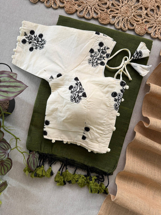 Beauty - Green Handloom Cotton Saree With Havy Embroidery Stitched Blouse