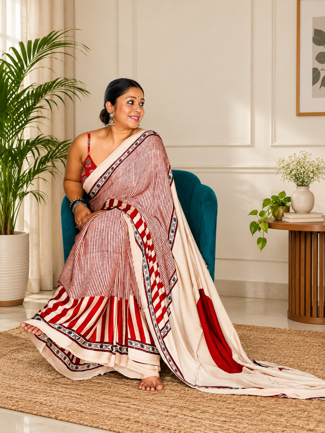Excellent Cream and Red Striped Heritage Modal Silk Saree