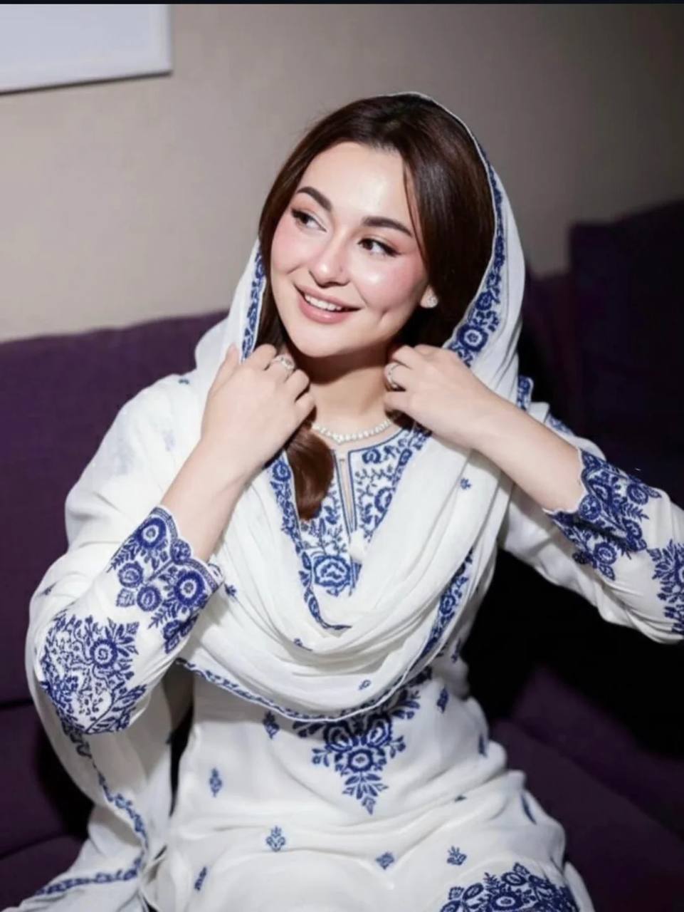 Elegant White Blue Rayon Cotton Embroidery Suit Set