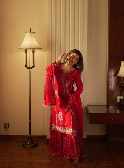 Festive Red Fox Georgette Designer Suit Set with Pearl Accent Dupatta