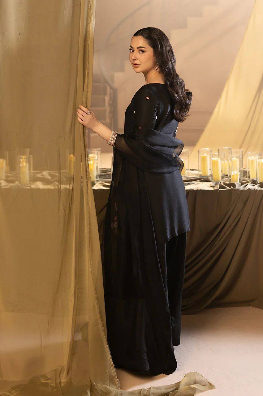 Elegant Black Crape Silk Embroidered Sharara Suit Set with Organza Dupatta