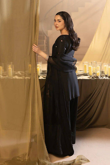 Elegant Black Crape Silk Embroidered Sharara Suit Set with Organza Dupatta