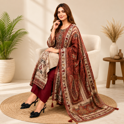 Very Attractive Beige and Maroon Printed Chinon Suit Set With Mirror Work
