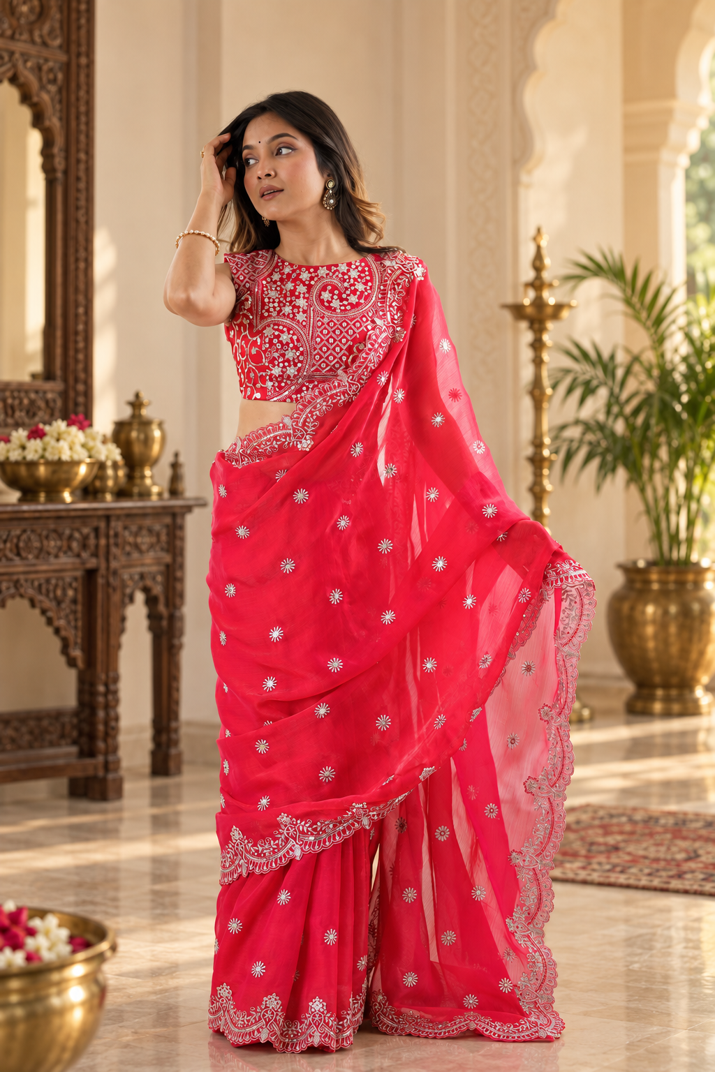 Trendy Festive style Dazzling Red Designer Chiffon Saree