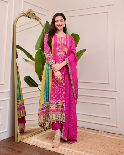 New Designer Multi Printed Muslin Suit Set with Dupatta