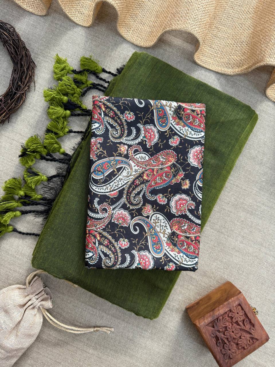 BEAUTIFUL - GREEN HANDLOOM COTTON SAREE WITH PRINTED BLOUSE