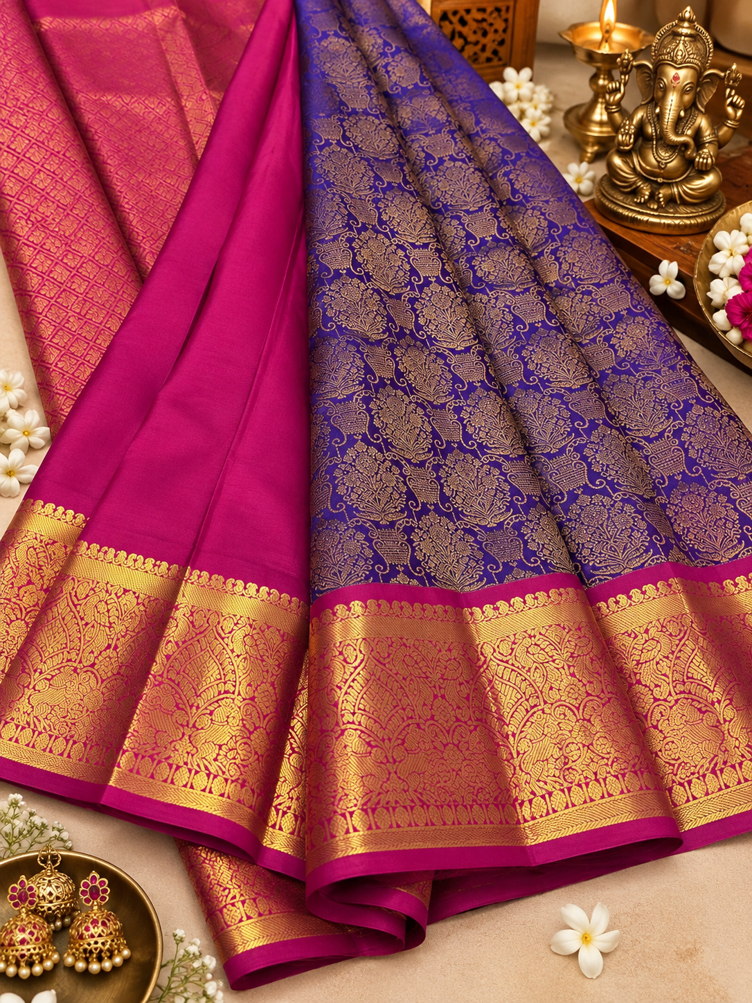 Royal Purple Pure Kanjivaram Silk Saree with Heavy Zari Border
