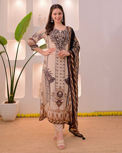 Dazzling Beige & Black Printed Pure Muslin Suit Set with Real Mirror Work