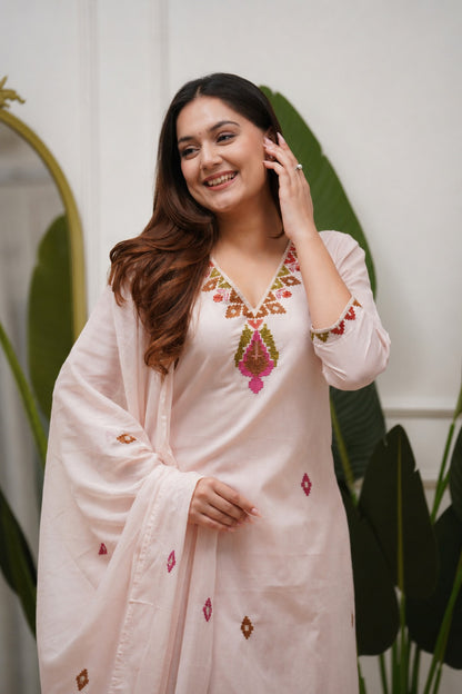 Premium Blush Pink PV Mul Embroidered Suit Set with Dupatta
