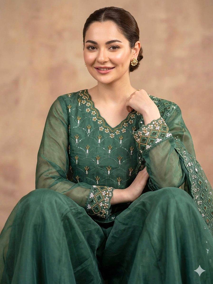 Pastel Green Fendy Silk Sharara Suit Set with Sequence Embroidery Work