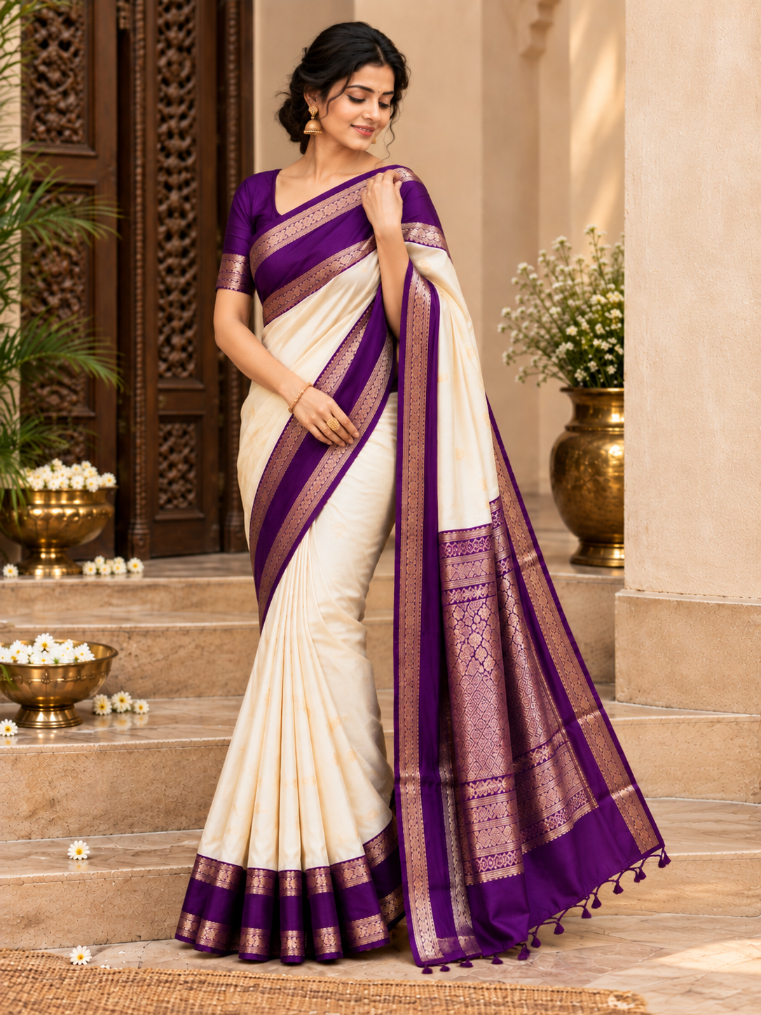 Traditional Cream Kanjivaram Festive Soft Silk Saree