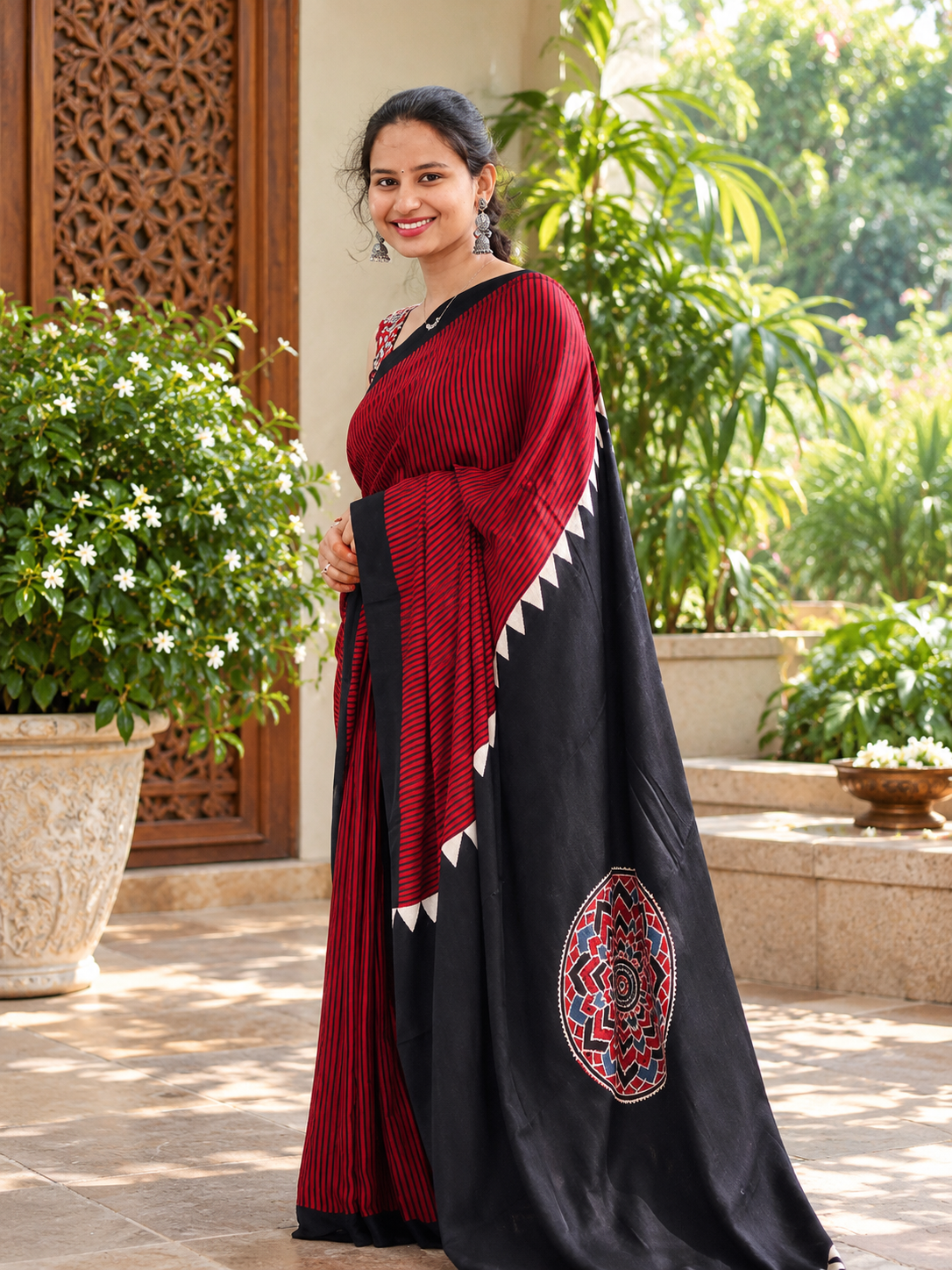 Beautiful Maroon Striped Hand Block Printed Modal Silk Saree