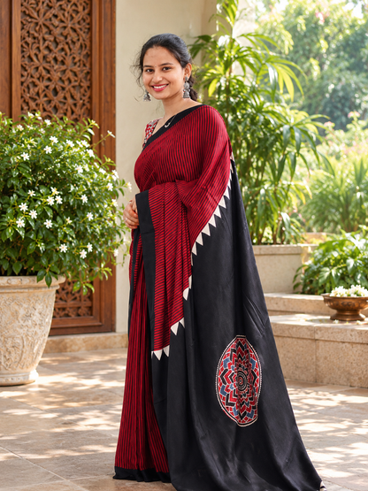 Beautiful Maroon Striped Hand Block Printed Modal Silk Saree