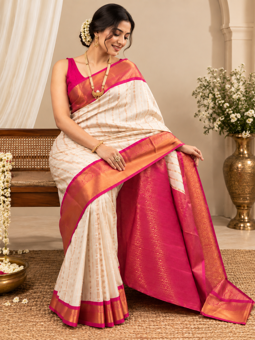 Elegant Cream Handwoven Soft Banarasi Silk Saree with Magenta Pink Pallu
