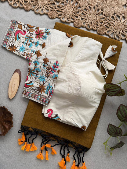 Dharma- Mustered Handloom Cotton Saree With Havy Embroidery Work Stitched Blouse