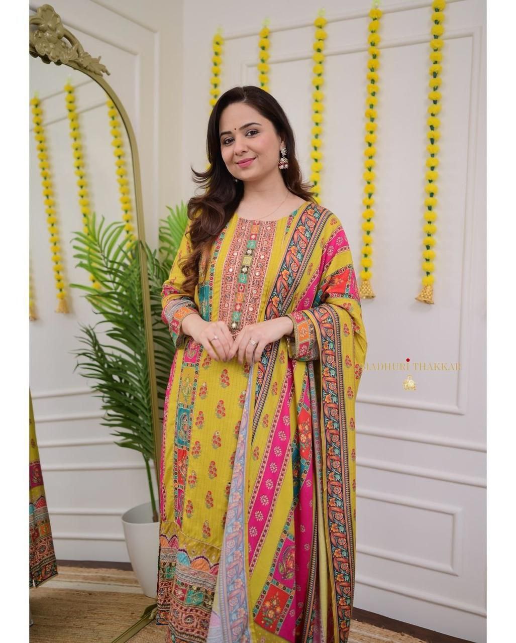 Very Beautiful Multi-Color Muslin Printed Suit Set with Dupatta