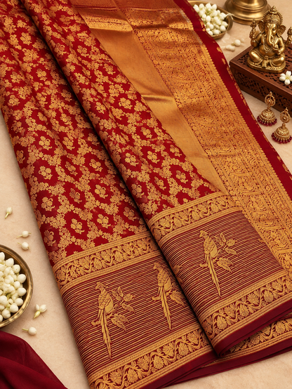 Premium Maroon Banarasi Silk Saree with Exuberant Blouse Piece