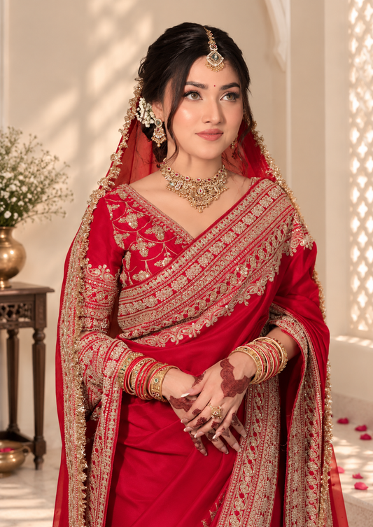 Premium Elegant Red Japan Satin Thread Work Saree
