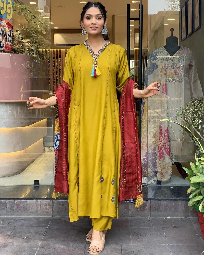 TREMENDOUS YELLOW BEAUTIFUL VISCOSE CHANDERI SUIT SET